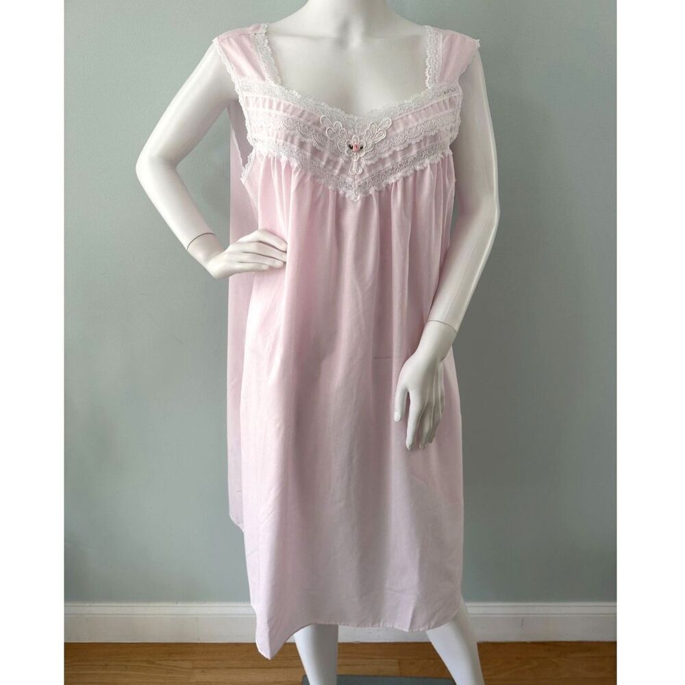 Vintage Pink Lace Nightgown Rosette Pastel Sleeveless Sleepwear Dress size 1X